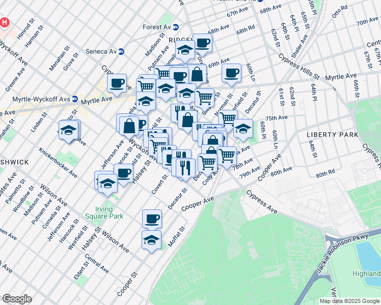 map of restaurants, bars, coffee shops, grocery stores, and more near 16-59 Norman Street in Queens