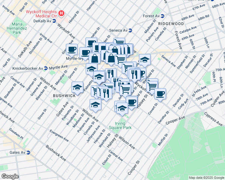 map of restaurants, bars, coffee shops, grocery stores, and more near 429 Irving Avenue in Brooklyn