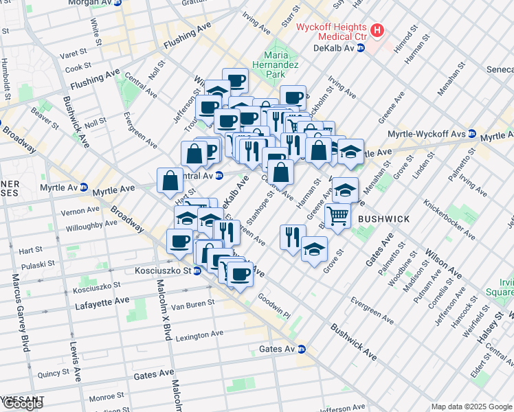 map of restaurants, bars, coffee shops, grocery stores, and more near 80 Stanhope Street in Brooklyn