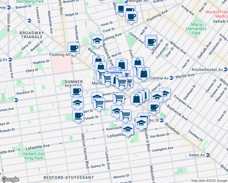 map of restaurants, bars, coffee shops, grocery stores, and more near 6 Stuyvesant Avenue in Brooklyn