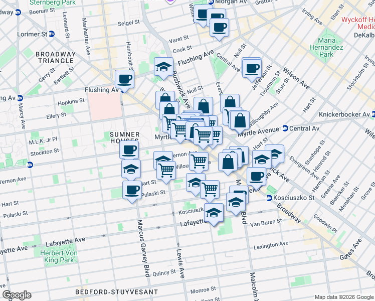map of restaurants, bars, coffee shops, grocery stores, and more near 6 Stuyvesant Avenue in Brooklyn