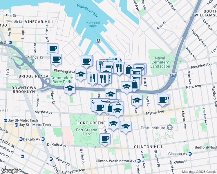 map of restaurants, bars, coffee shops, grocery stores, and more near 50 Adelphi Street in Brooklyn