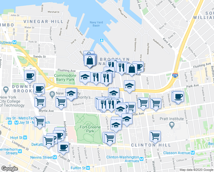 map of restaurants, bars, coffee shops, grocery stores, and more near 50 Adelphi Street in Brooklyn