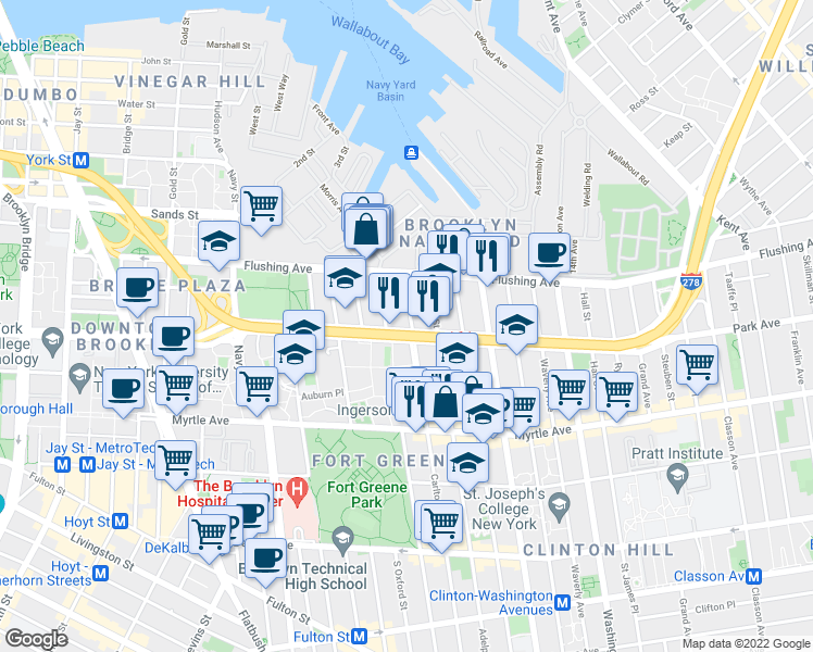 map of restaurants, bars, coffee shops, grocery stores, and more near 139 Park Avenue in Brooklyn