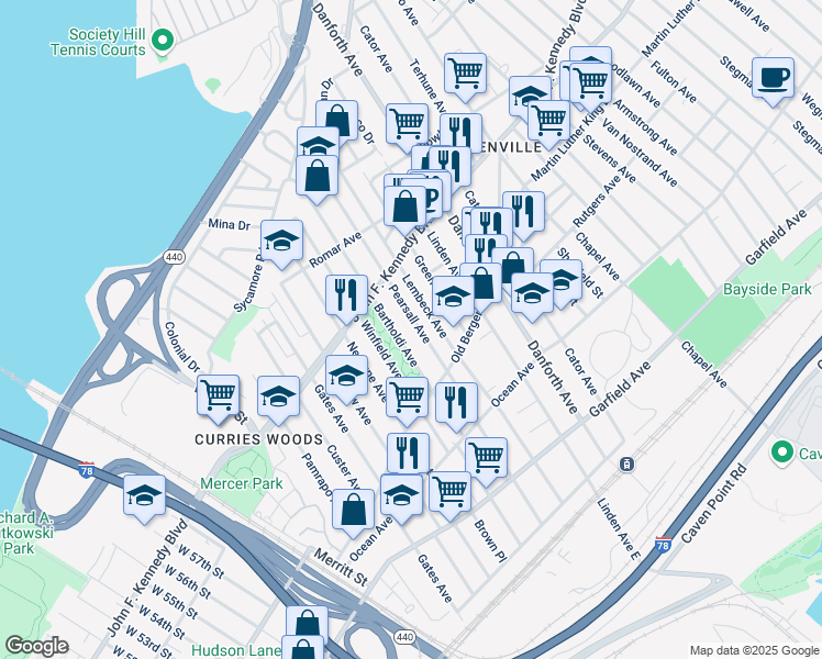 map of restaurants, bars, coffee shops, grocery stores, and more near 202 Pearsall Avenue in Jersey City