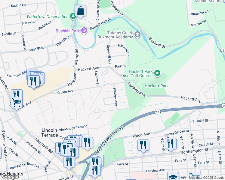 map of restaurants, bars, coffee shops, grocery stores, and more near 701 Hillview Avenue in Easton