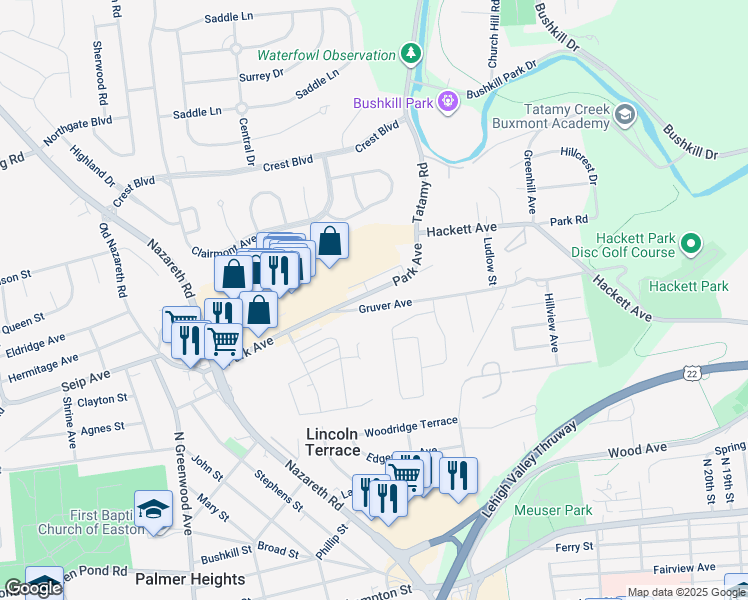 map of restaurants, bars, coffee shops, grocery stores, and more near 2337 Park Avenue in Easton
