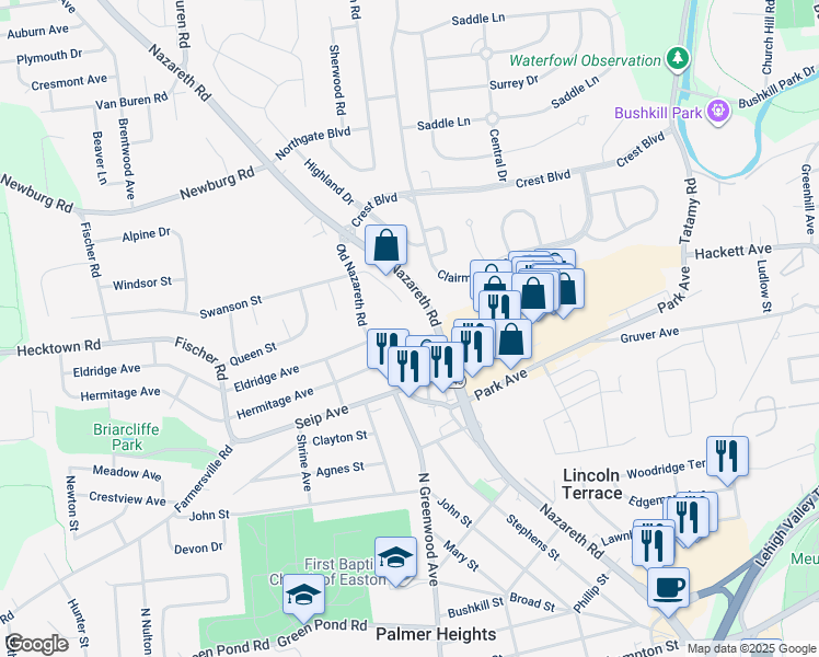 map of restaurants, bars, coffee shops, grocery stores, and more near 8 Oak Lane in Easton