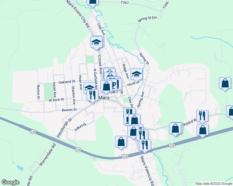 map of restaurants, bars, coffee shops, grocery stores, and more near 135 Grand Avenue in Mars