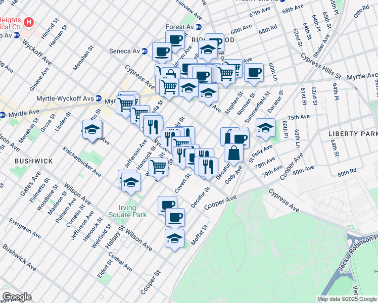 map of restaurants, bars, coffee shops, grocery stores, and more near 1639 Stephen Street in Queens