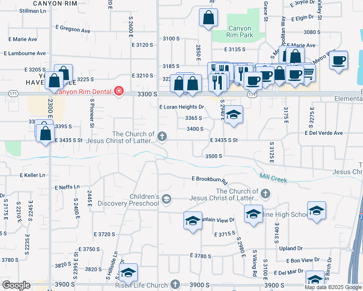 map of restaurants, bars, coffee shops, grocery stores, and more near 3449 South Cleveland Circle in Salt Lake City