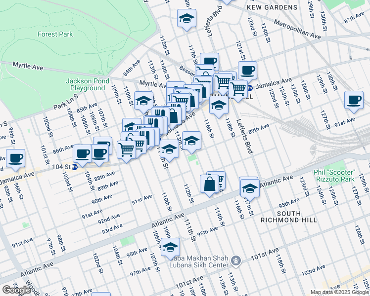 map of restaurants, bars, coffee shops, grocery stores, and more near 87-55 113th Street in Queens