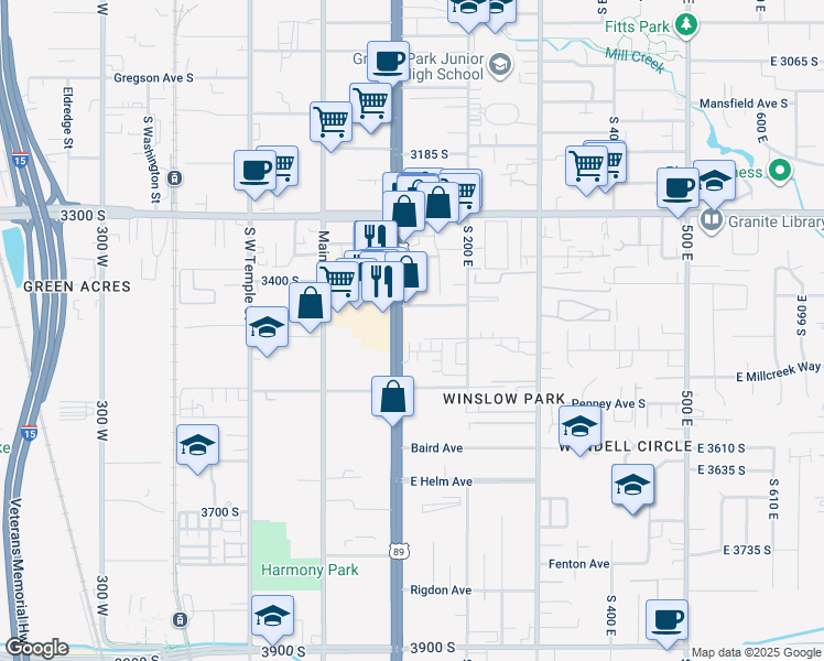 map of restaurants, bars, coffee shops, grocery stores, and more near 3443 State Street in South Salt Lake
