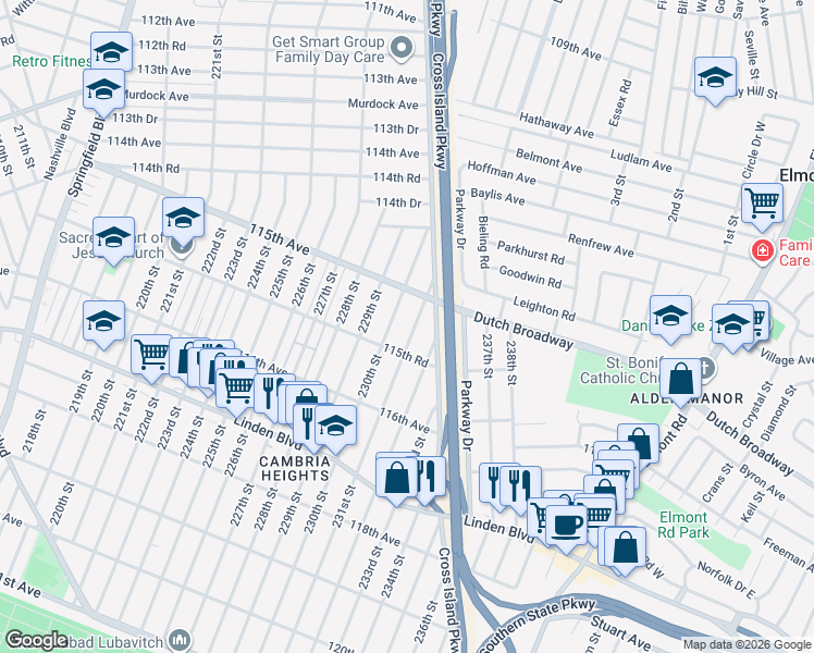 map of restaurants, bars, coffee shops, grocery stores, and more near 115-25 231st Street in Queens
