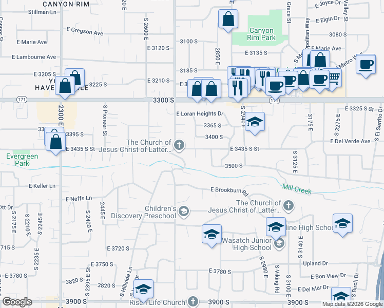 map of restaurants, bars, coffee shops, grocery stores, and more near 3450 South Cleveland Circle in Salt Lake City
