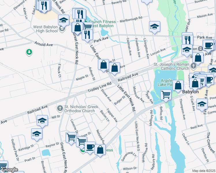 map of restaurants, bars, coffee shops, grocery stores, and more near 27 Robert Street in Babylon