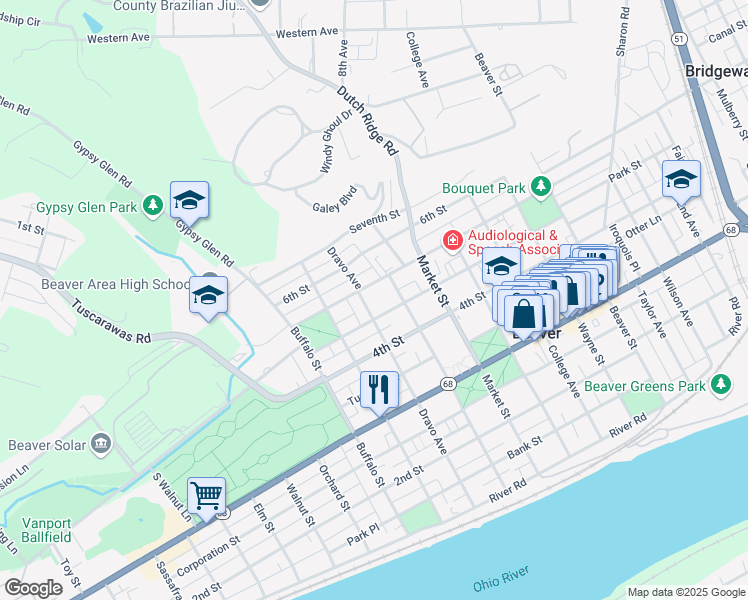 map of restaurants, bars, coffee shops, grocery stores, and more near 480 Dravo Avenue in Beaver
