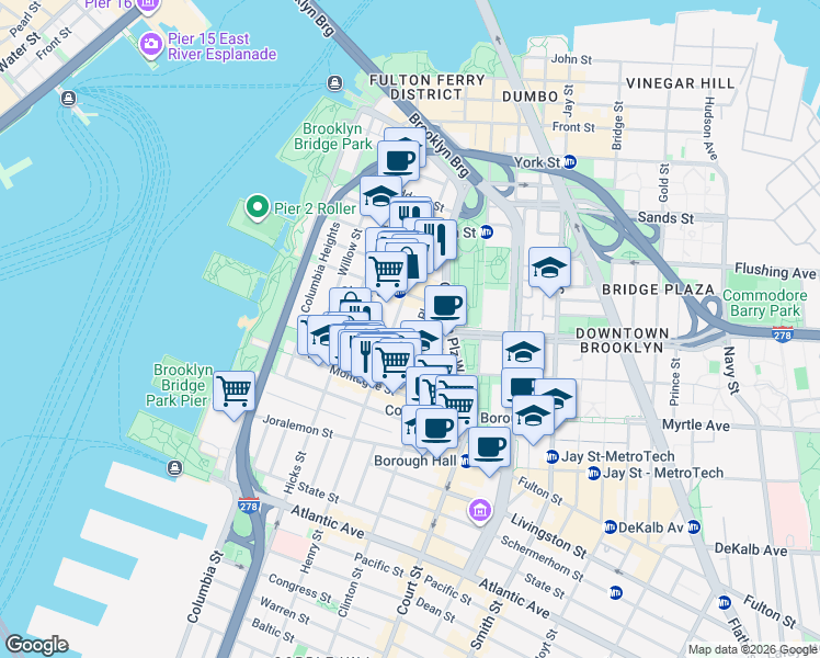 map of restaurants, bars, coffee shops, grocery stores, and more near 138 Henry Street in Brooklyn