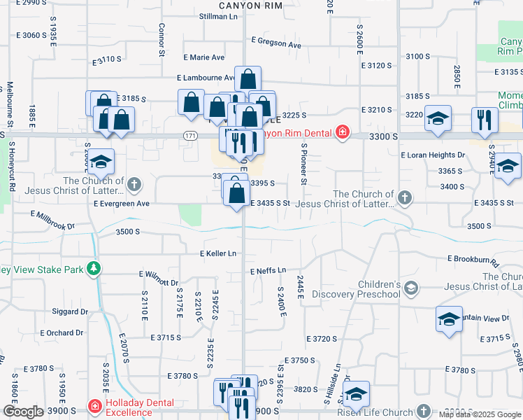 map of restaurants, bars, coffee shops, grocery stores, and more near 2342 East Evergreen Avenue in Salt Lake City
