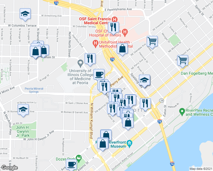 map of restaurants, bars, coffee shops, grocery stores, and more near 109 Northeast Perry Avenue in Peoria