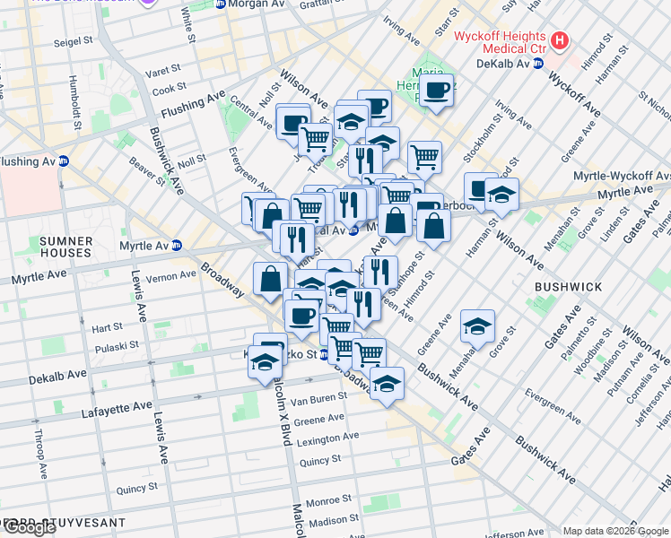 map of restaurants, bars, coffee shops, grocery stores, and more near 1235 Dekalb Avenue in Brooklyn