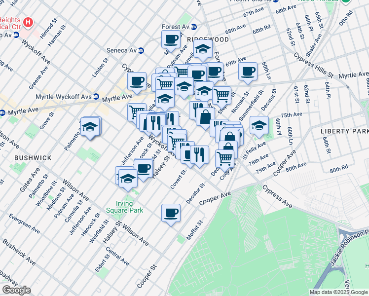 map of restaurants, bars, coffee shops, grocery stores, and more near 1639 Stephen Street in Queens