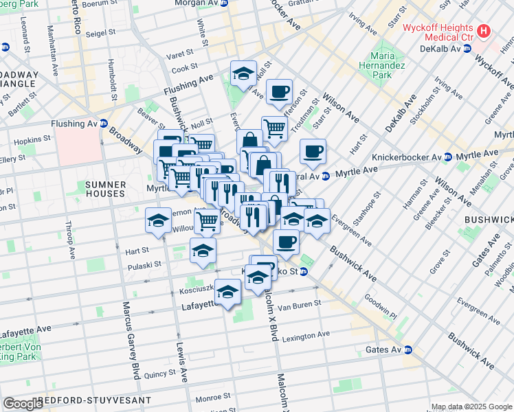 map of restaurants, bars, coffee shops, grocery stores, and more near 37 Suydam Street in Brooklyn