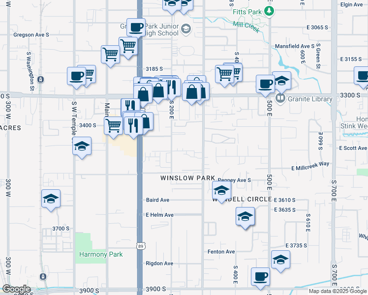 map of restaurants, bars, coffee shops, grocery stores, and more near 3443 South 200 East in South Salt Lake