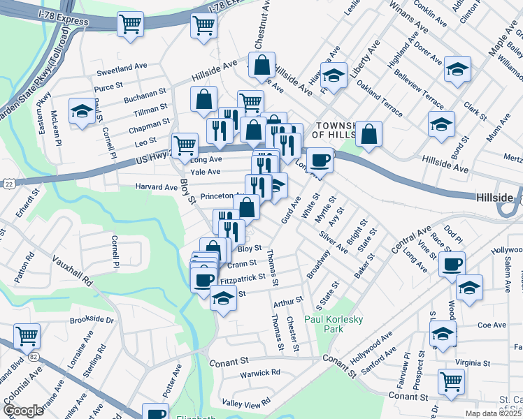 map of restaurants, bars, coffee shops, grocery stores, and more near 1255 Liberty Avenue in Hillside