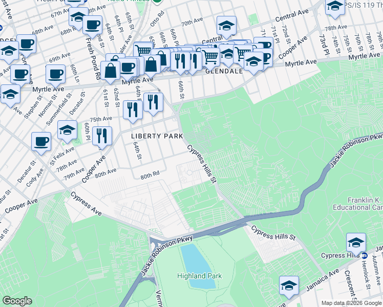 map of restaurants, bars, coffee shops, grocery stores, and more near 65-40 80th Avenue in Queens