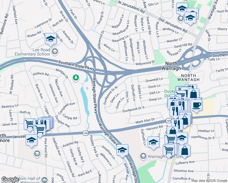 map of restaurants, bars, coffee shops, grocery stores, and more near 166 Duckpond Drive North in Wantagh