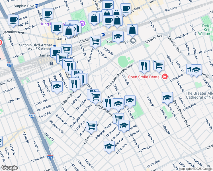 map of restaurants, bars, coffee shops, grocery stores, and more near 153-25 Tuskegee Airmen Way in Queens