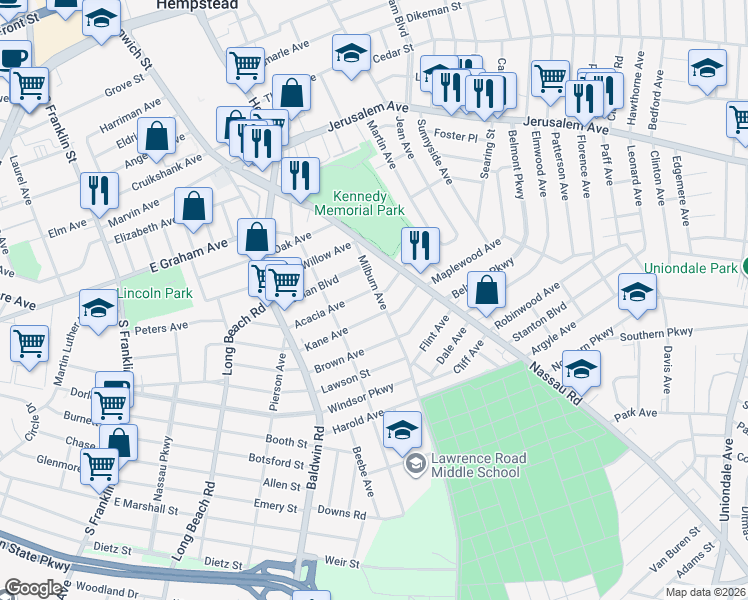 map of restaurants, bars, coffee shops, grocery stores, and more near 72 Milburn Avenue in Hempstead