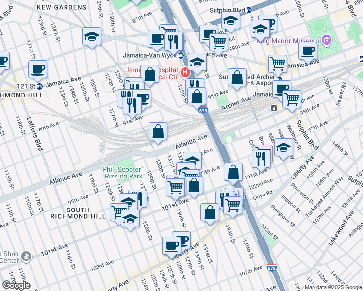 map of restaurants, bars, coffee shops, grocery stores, and more near 132-06 Atlantic Avenue in Queens