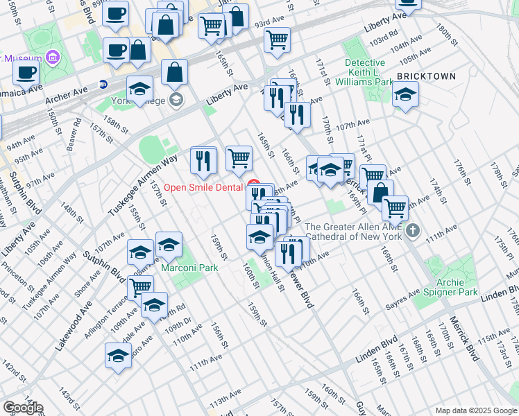 map of restaurants, bars, coffee shops, grocery stores, and more near 108-7 Guy R Brewer Boulevard in Queens