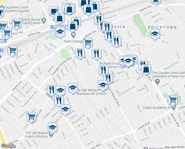 map of restaurants, bars, coffee shops, grocery stores, and more near 107-46 Union Hall Street in Queens