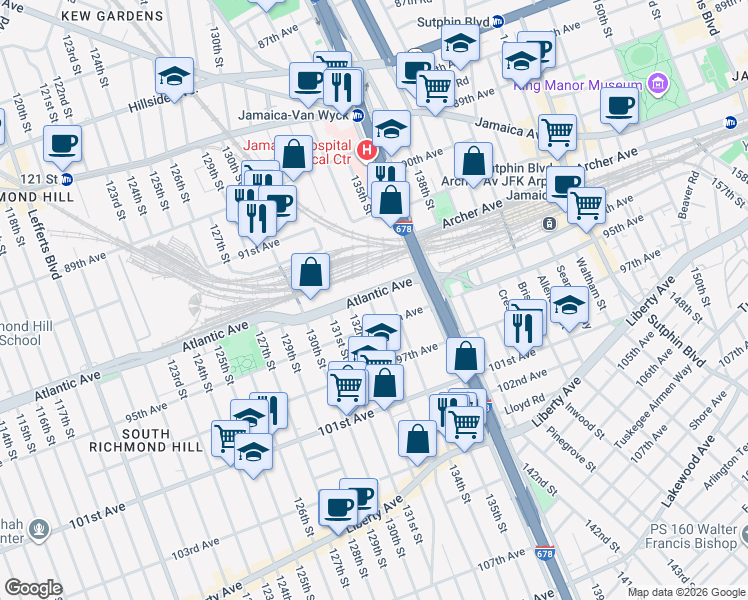 map of restaurants, bars, coffee shops, grocery stores, and more near 132-06 Atlantic Avenue in Queens