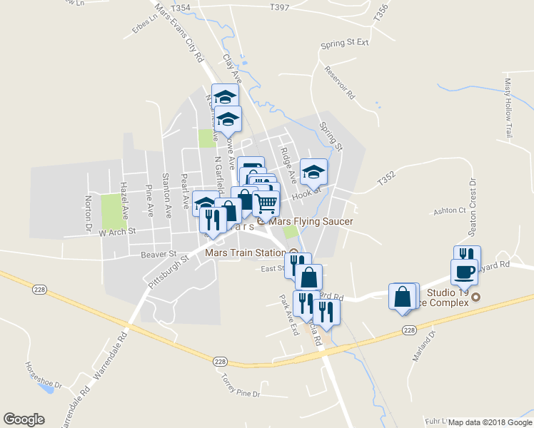 map of restaurants, bars, coffee shops, grocery stores, and more near 135 Grand Avenue in Mars