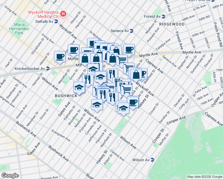 map of restaurants, bars, coffee shops, grocery stores, and more near 1442 Putnam Avenue in Brooklyn