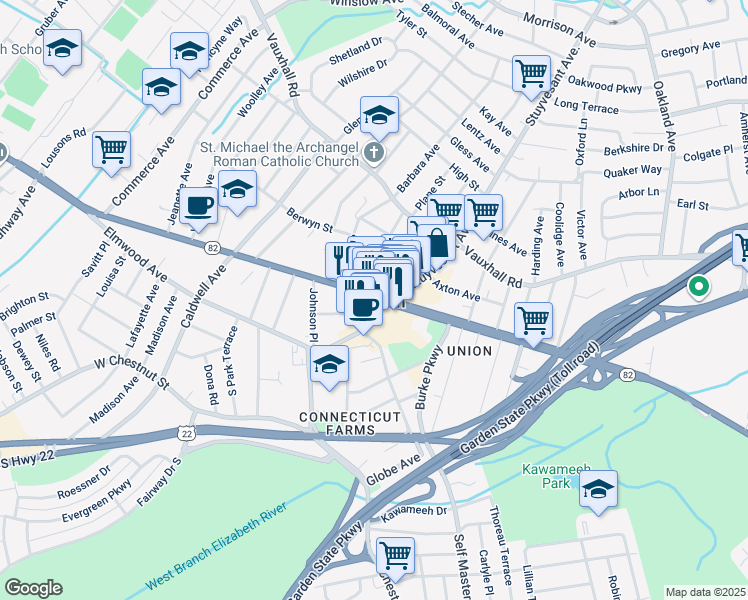map of restaurants, bars, coffee shops, grocery stores, and more near 975 Bonnel Court in Union