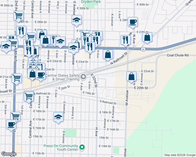 map of restaurants, bars, coffee shops, grocery stores, and more near 800 East 21st Street in Kearney