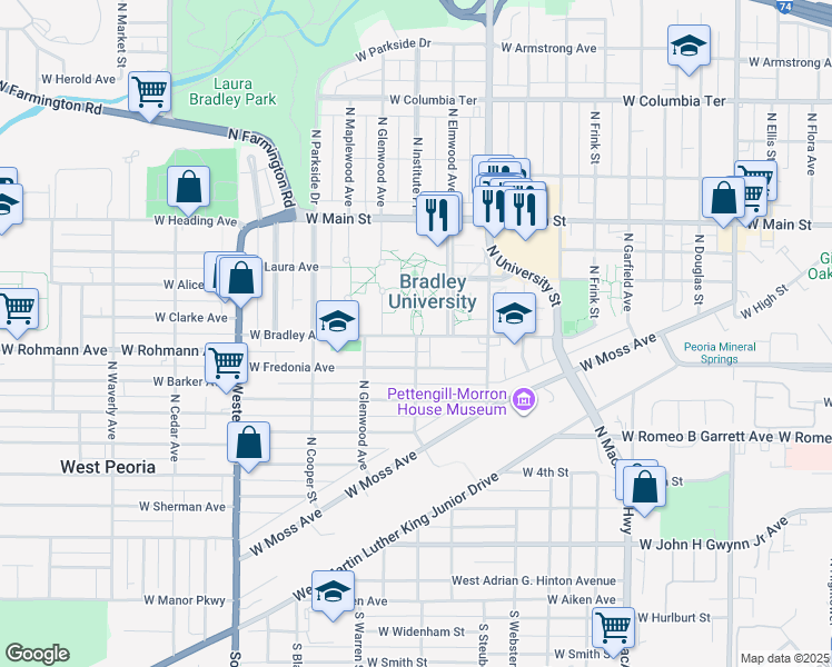map of restaurants, bars, coffee shops, grocery stores, and more near in Peoria