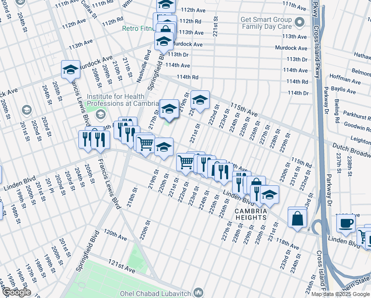 map of restaurants, bars, coffee shops, grocery stores, and more near 116-02 221st Street in Queens