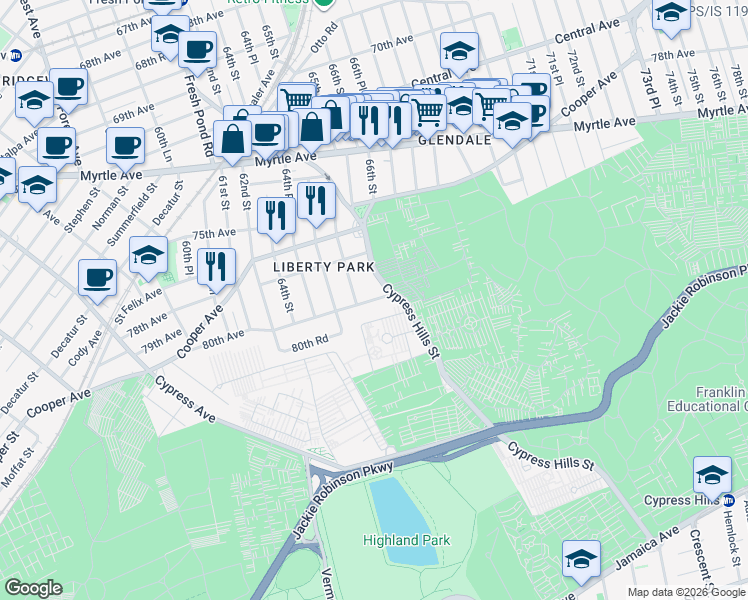 map of restaurants, bars, coffee shops, grocery stores, and more near 65-40 80th Avenue in Queens