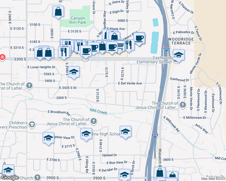 map of restaurants, bars, coffee shops, grocery stores, and more near 3446 South Terrace View Drive in Salt Lake City