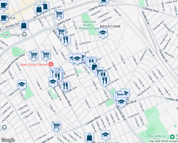 map of restaurants, bars, coffee shops, grocery stores, and more near 109-02 169th Place in Queens