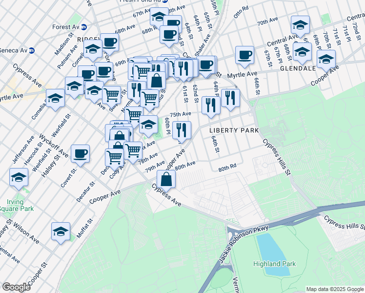 map of restaurants, bars, coffee shops, grocery stores, and more near 60-49 Cooper Avenue in Queens