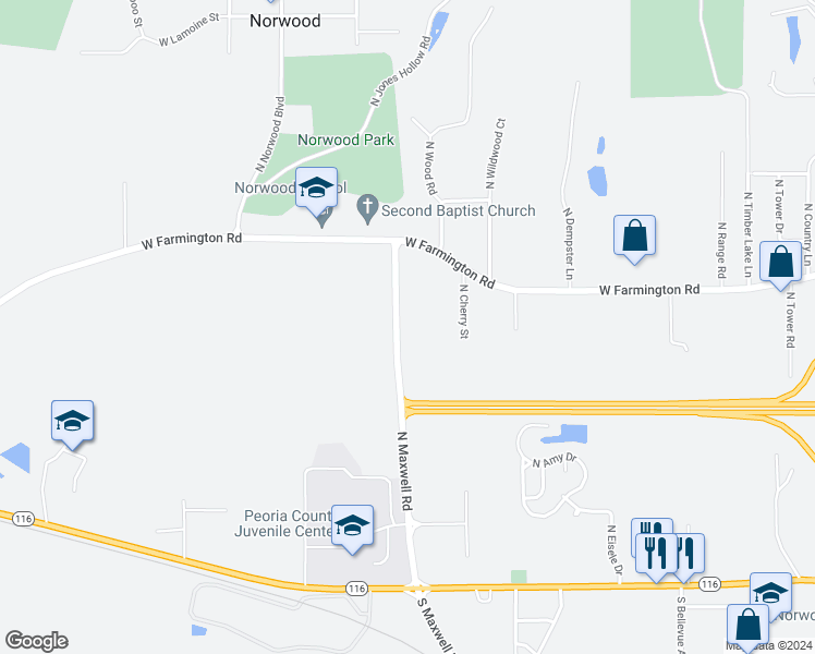 map of restaurants, bars, coffee shops, grocery stores, and more near 712 North Maxwell Road in Peoria