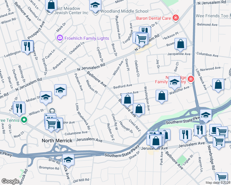 map of restaurants, bars, coffee shops, grocery stores, and more near 979 Bellmore Avenue in North Bellmore