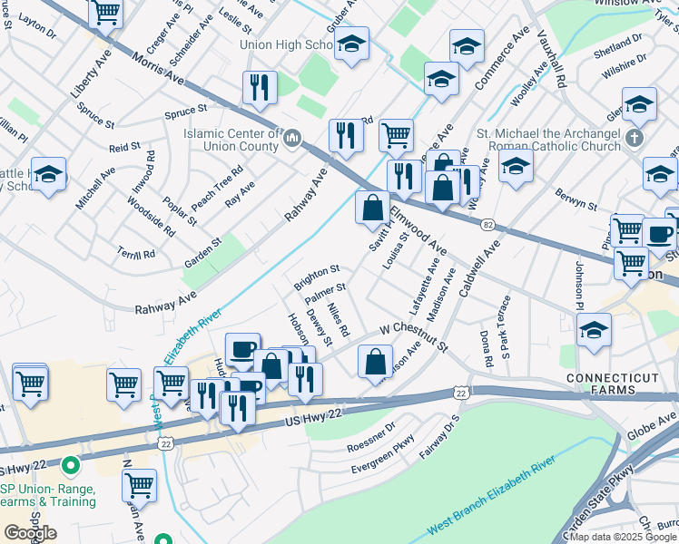 map of restaurants, bars, coffee shops, grocery stores, and more near 1067 Brighton Street in Union